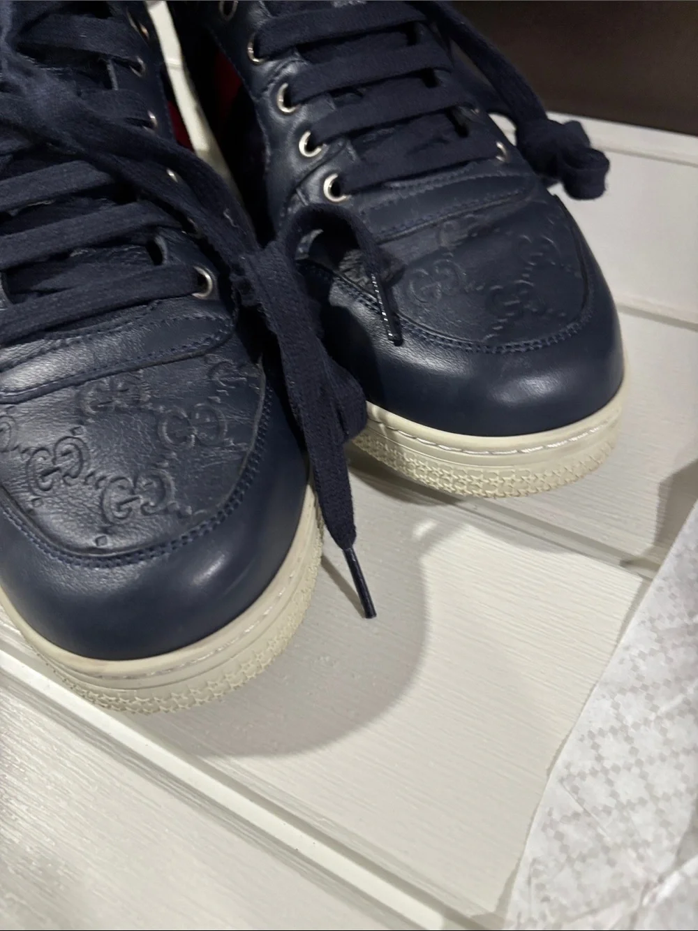 Gucci Navy High-Top Sneakers with Red Stripe